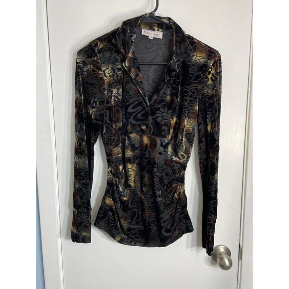 Y2K Elliott Lauren Blouse XS Brown Gold Velvet Burnout Whimsigoth Stevie Nicks - Picture 1 of 6